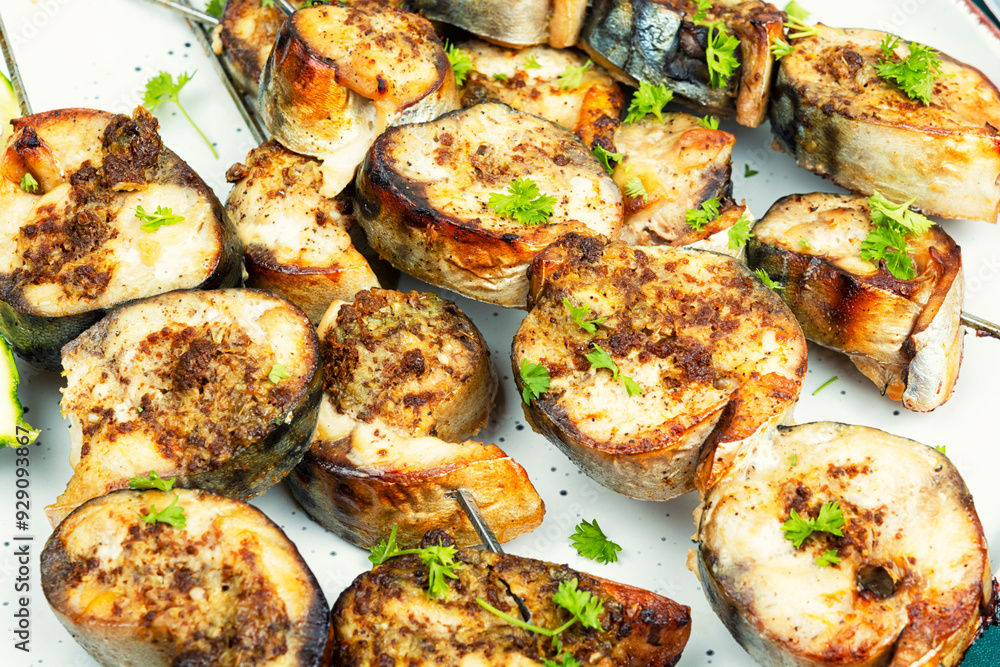 Grilled mackerel fish, fish skewers. Grilled mackerel fish, fish skewers.
