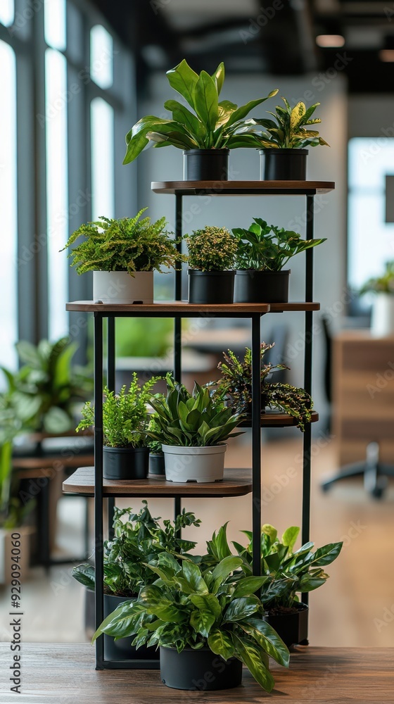 A stylish shelving unit features an array of indoor plants, enhancing the office's interior with natural beauty A stylish shelving unit features an array of indoor plants, enhancing the office's interior with natural beauty