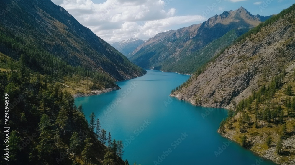Turquoise Lake Nestled Between Mountainous Slopes Turquoise Lake Nestled Between Mountainous Slopes