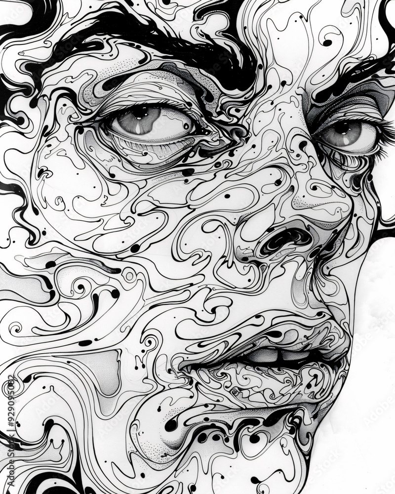 Black & White Lines Dance on Bright - A black and white drawing of a womans face Black & White Lines Dance on Bright - A black and white drawing of a womans face