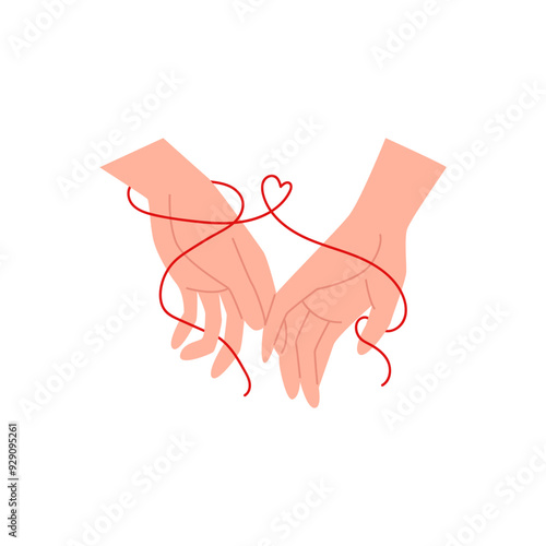 Vector illustration of hands intertwined with a red thread of fate.