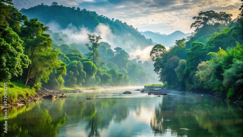 Serene morning scene of the Mahananda River flowing gently through lush green forests, with misty fog rising from the calm water's surface in India. photo