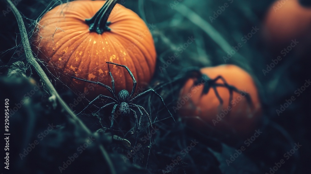 Halloween's Haunting Embrace: A plump pumpkin rests amidst a shadowy web, guarded by a menacing spider, in this eerie autumnal scene. Halloween's Haunting Embrace: A plump pumpkin rests amidst a shadowy web, guarded by a menacing spider, in this eerie autumnal scene.