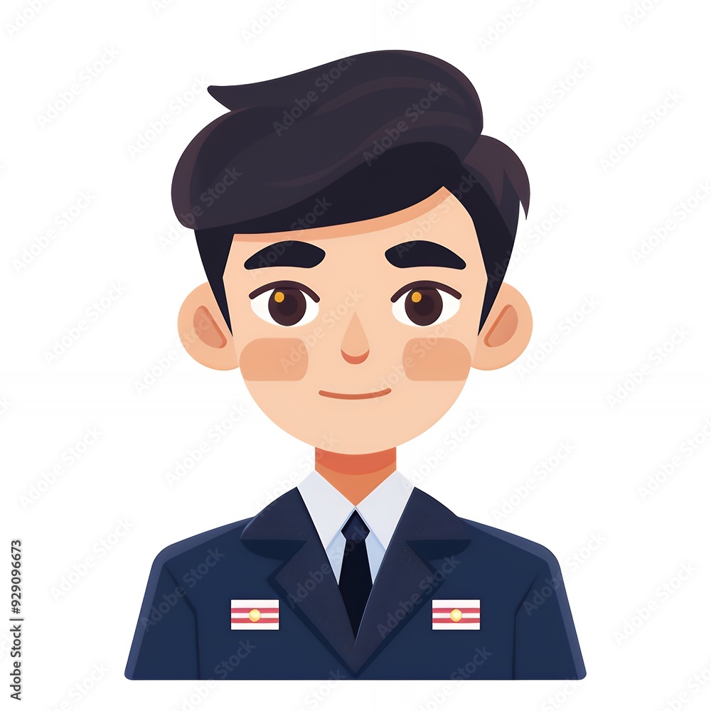 A cartoon-style illustration of a young man in a suit with flags on his lapel. A cartoon-style illustration of a young man in a suit with flags on his lapel.