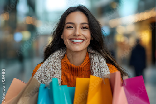 Happy woman in winter cloths standing outside and holding several shopping bags during a sale week