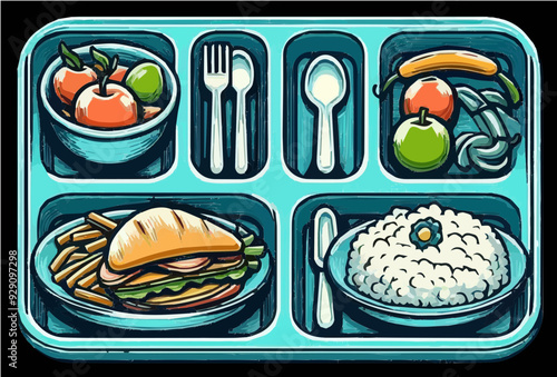 Vector illustration of a cafeteria food tray filled with various food items, ideal for school, canteen, and restaurant design themes.