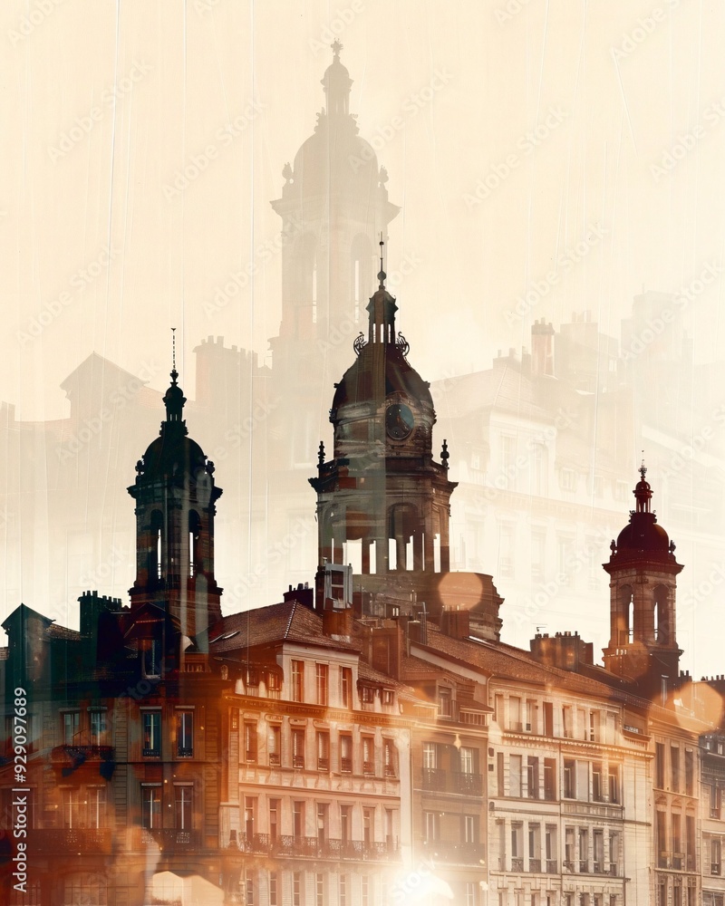 Fototapeta premium Toulouse City Skyline Double Exposure Poster Art - A building with a clock tower