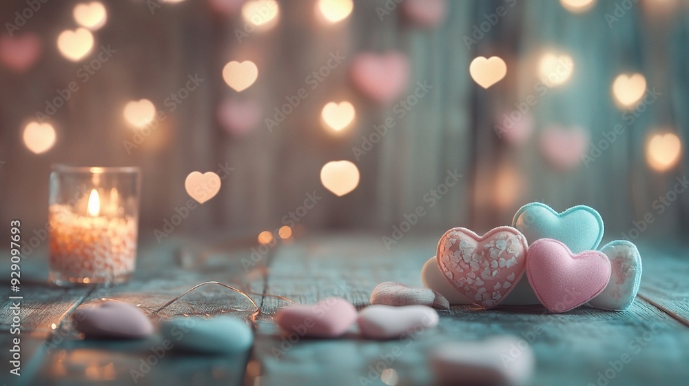 Romantic Ambiance: Pastel hearts and a flickering candle create a tender Valentine's Day scene, with bokeh lights adding to the romantic mood. Romantic Ambiance: Pastel hearts and a flickering candle create a tender Valentine's Day scene, with bokeh lights adding to the romantic mood.