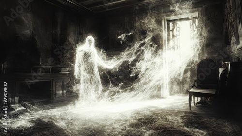 Ghostly figure surrounded by levitating objects, poltergeist energy crackling with intensity, supernatural and eerie photo