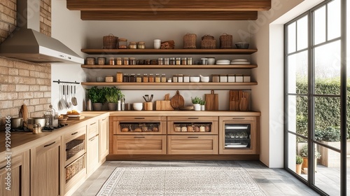 Organized Pantry Inspo. Functional pantry area with a blend of open shelving concept photo