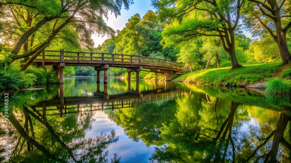 Serene stillwater reflections beneath a rustic wooden bridge surrounded by lush greenery and overhanging trees in a tranquil rural landscape. Serene stillwater reflections beneath a rustic wooden bridge surrounded by lush greenery and overhanging trees in a tranquil rural landscape.