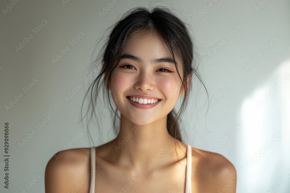 Beautiful young Asian woman smiling and happy created with Generative AI Beautiful young Asian woman smiling and happy created with Generative AI
