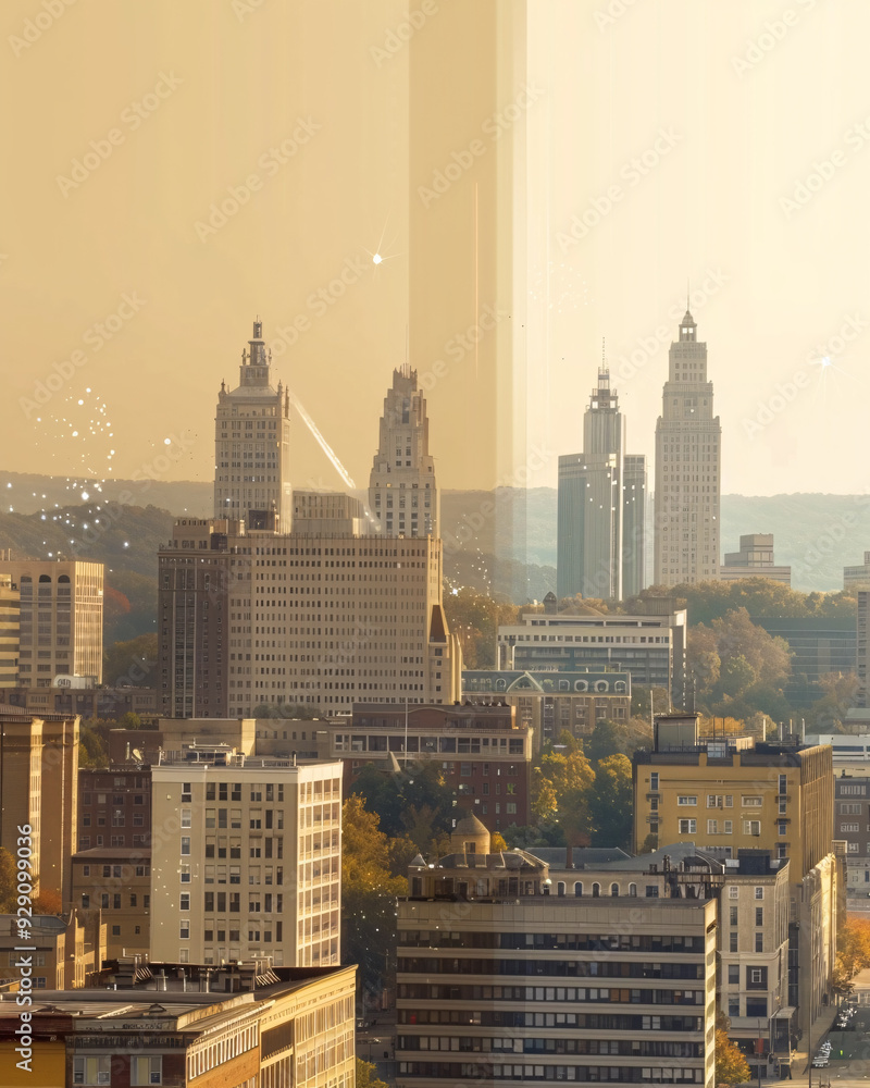 Φωτογραφία Allentown City Skyline Double Exposure Art Poster - A city with many tall buildi
