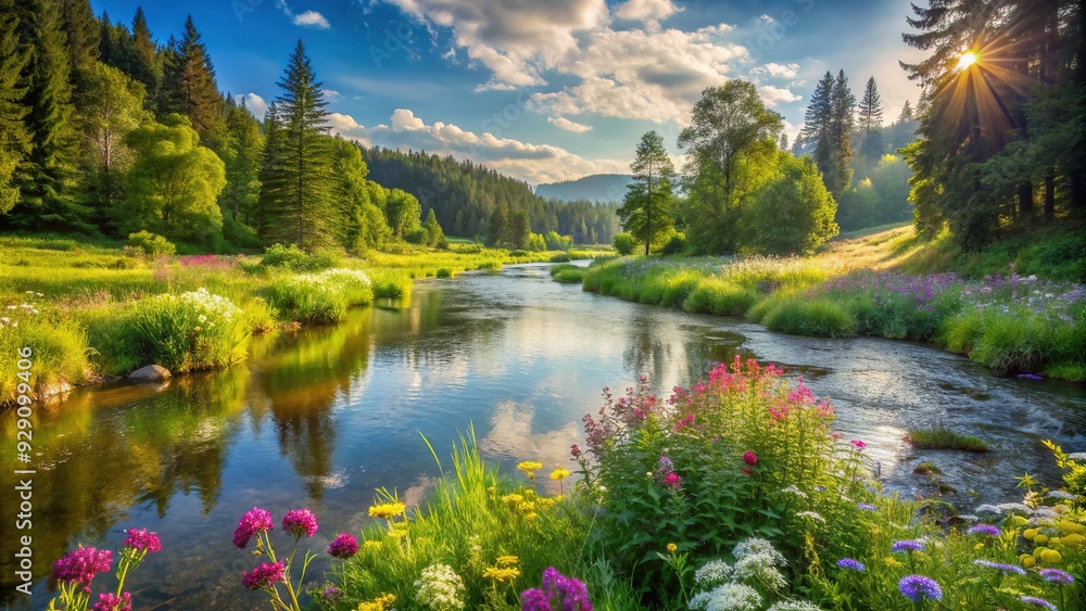 Serene summer morning scene of a peaceful river flowing gently through lush green forests, surrounded by vibrant wildflowers, on a warm June day. Serene summer morning scene of a peaceful river flowing gently through lush green forests, surrounded by vibrant wildflowers, on a warm June day.