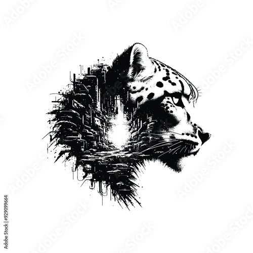 silhouette of Snow leopard , filled with destroyed futuristic dystopia environment in rough drawing, minimalist,