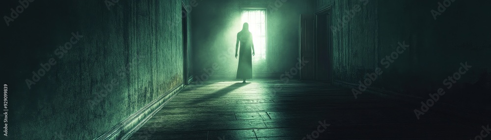 Obraz premium Dark room with only a slight glow from where the invisible ghost stands, its form barely perceptible, ghosts, elusive and haunting