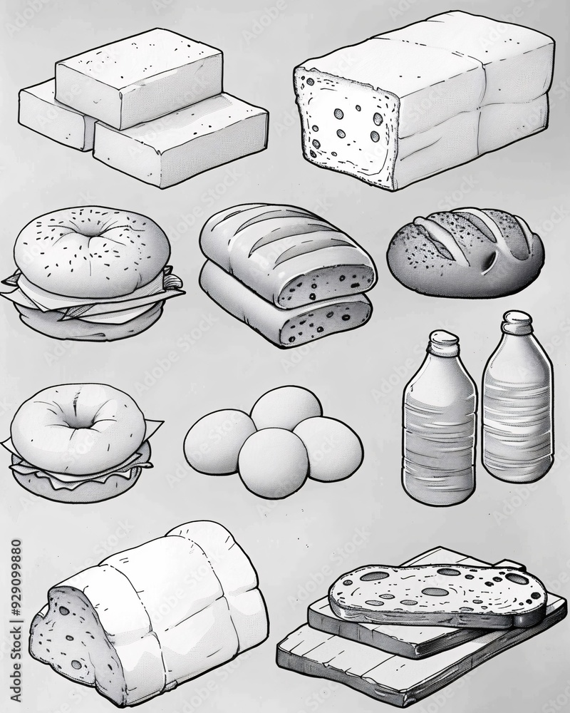 Φωτογραφία Bread Bonanza: Black & White Sketch Delight - A group of different types of food