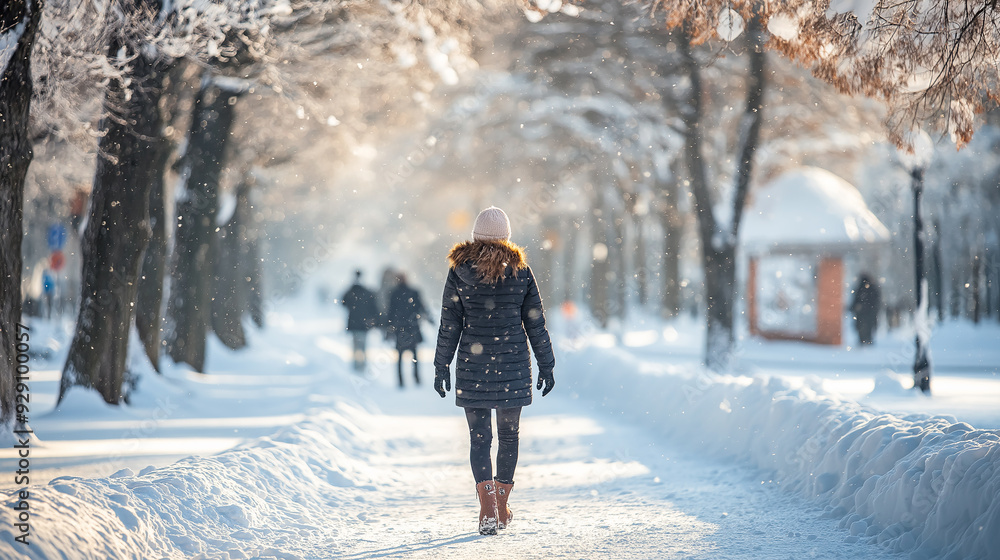 Winter scene of a person walking through a snow-covered park, capturing the essence of calm, solitude, and the beauty of winter. Snowflakes gently fall in a peaceful atmosphere. Winter scene of a person walking through a snow-covered park, capturing the essence of calm, solitude, and the beauty of winter. Snowflakes gently fall in a peaceful atmosphere.