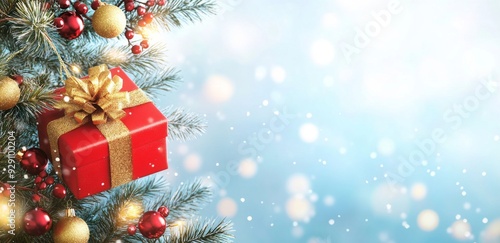 Christmas Banner with Red and Gold Decorations and Gift Box on Blue Sky. Generative AI