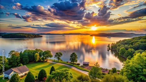 Serene sunset over still waters of Lake Guntersville, surrounded by lush greenery and distant rolling hills, in Guntersville, Alabama. photo