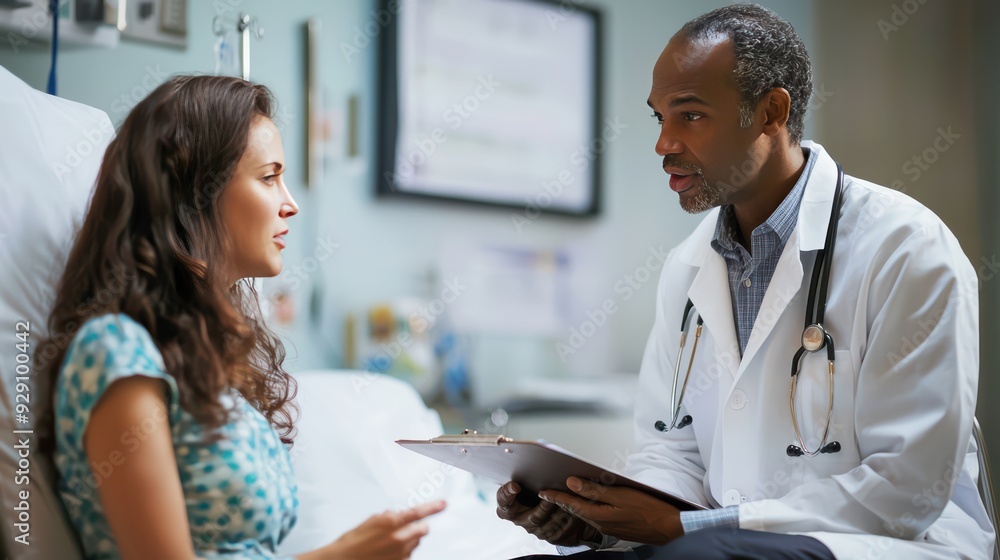 Obraz premium Doctor speaking with a patient in a hospital room, both seated and engaged in conversation. The doctor holds a clipboard, while the patient appears attentive and reassured.