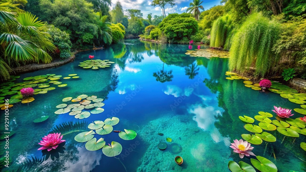 Serene top-down view of a still pond with lush greenery and vibrant ...
