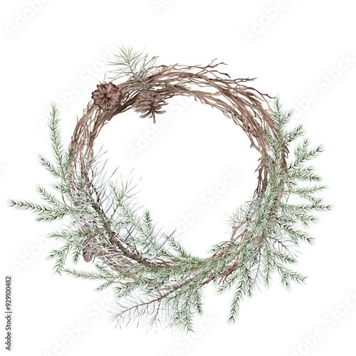 Watercolor Christmas wreath with green pine cones and branches pine and fir trees. Hand painted illustration tree branch without leaves. Brown dry chaplet with twig.