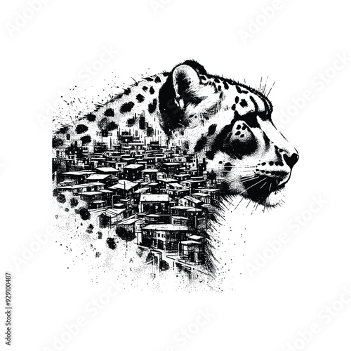 silhouette of Snow leopard , filled with ghetto street in rough drawing, minimalist,
