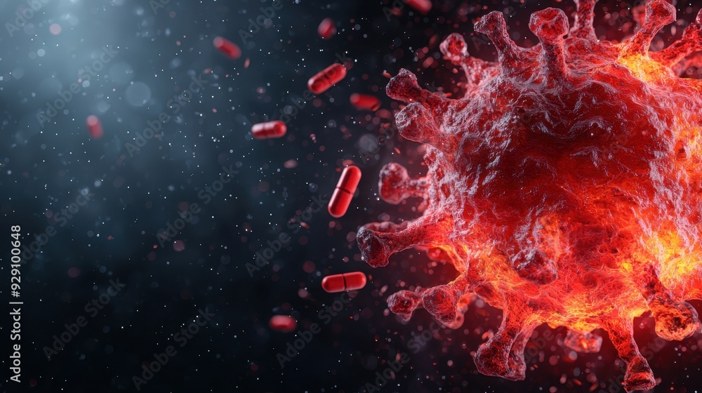 A vibrant depiction of a virus structure surrounded by red blood cells, illustrating the concept of infectious diseases. A vibrant depiction of a virus structure surrounded by red blood cells, illustrating the concept of infectious diseases.