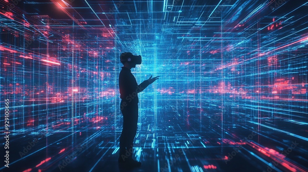 Immersed in Data: A lone figure explores a vibrant, neon-drenched digital landscape with a VR headset, embodying the future of virtual reality and data interaction. Immersed in Data: A lone figure explores a vibrant, neon-drenched digital landscape with a VR headset, embodying the future of virtual reality and data interaction.