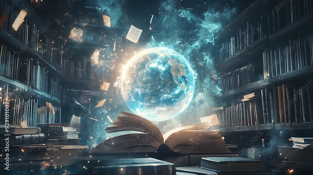 Obraz premium A glowing Earth emerges from an open book in a mystical library.
