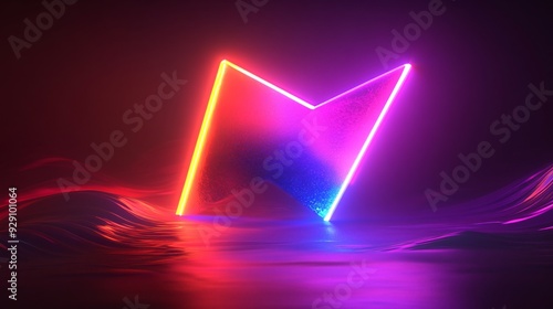 A vibrant, neon geometric shape emerging from a colorful, reflective surface.