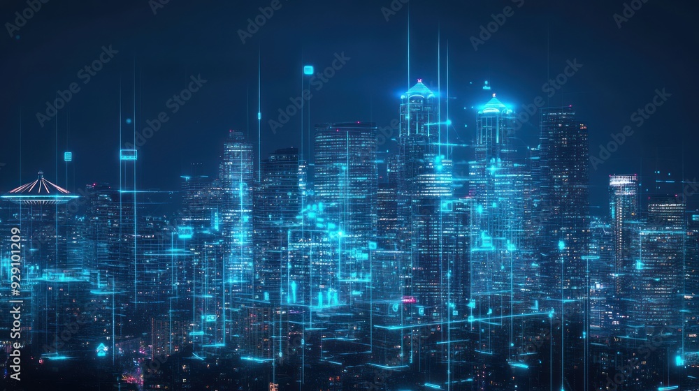 Futuristic Cityscape with Glowing Lines and Digital Data Overlay Futuristic Cityscape with Glowing Lines and Digital Data Overlay