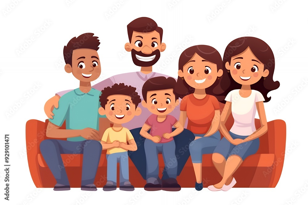 A cheerful family portrait featuring six members sitting together on a couch. A cheerful family portrait featuring six members sitting together on a couch.