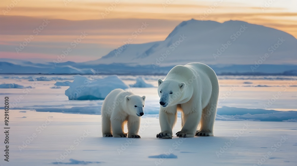White Polar Bears Family, Arctic Wildlife, Mother and Cub in Winter, North Pole Illustration White Polar Bears Family, Arctic Wildlife, Mother and Cub in Winter, North Pole Illustration