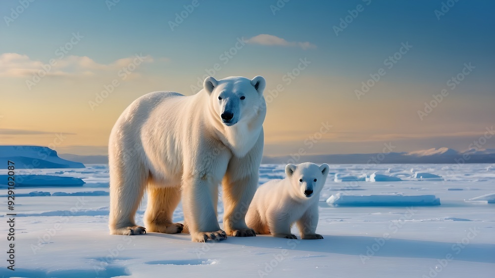 White Polar Bears Family, Arctic Wildlife, Mother and Cub in Winter, North Pole Illustration White Polar Bears Family, Arctic Wildlife, Mother and Cub in Winter, North Pole Illustration
