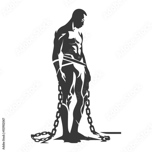 Chained Muscular Man Standing with His Head Down