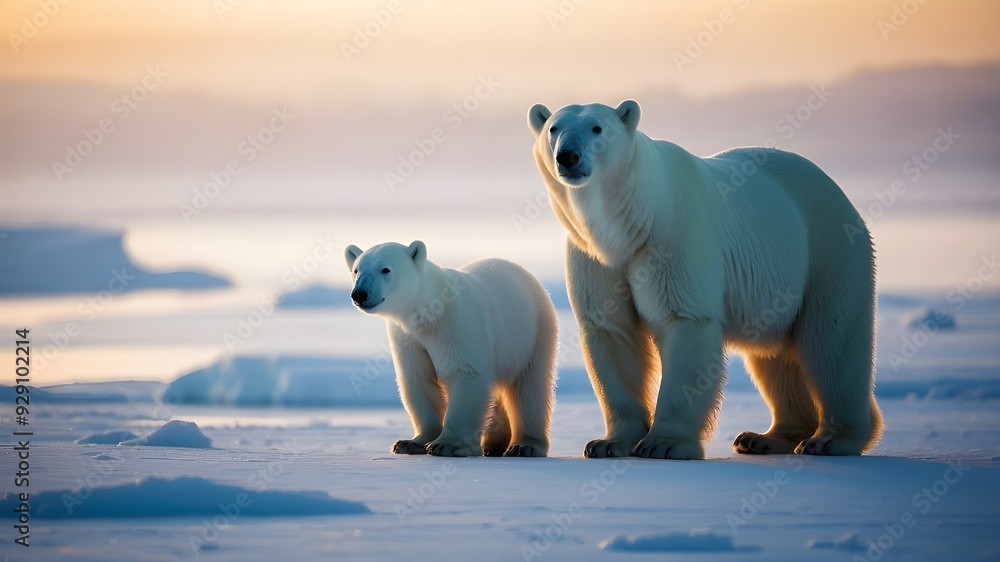 White Polar Bears Family, Arctic Wildlife, Mother and Cub in Winter, North Pole Illustration White Polar Bears Family, Arctic Wildlife, Mother and Cub in Winter, North Pole Illustration