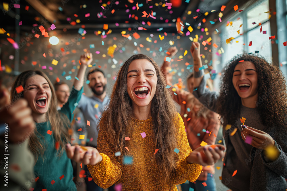 Obraz premium Diverse Group Of People Celebrating With Confetti And Laughter After A Busy Day Or Week