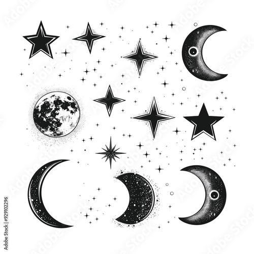 A set of black and white minimalist moon and star illustrations photo