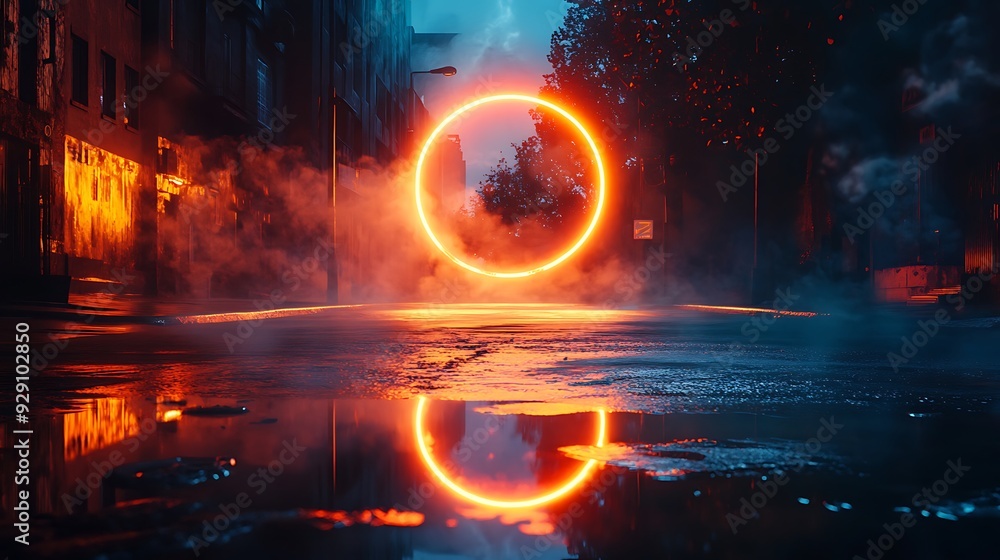 A glowing orange ring in a city street, reflecting in a puddle of water. A glowing orange ring in a city street, reflecting in a puddle of water.