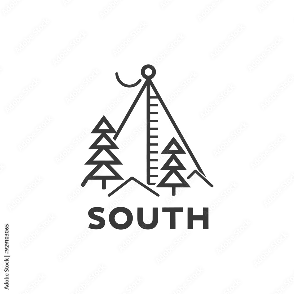 Compass with mountains and trees pointing south Compass with mountains and trees pointing south