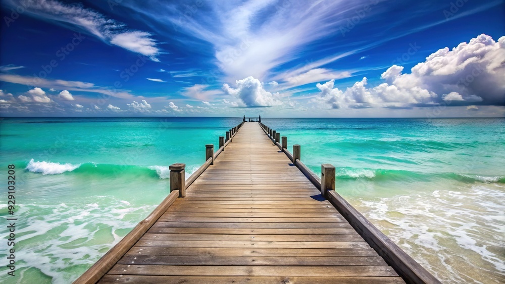 Serene wooden pier stretches into the distance, meeting the horizon at a tranquil beach with soft white sand and gentle turquoise ocean waves. Serene wooden pier stretches into the distance, meeting the horizon at a tranquil beach with soft white sand and gentle turquoise ocean waves.