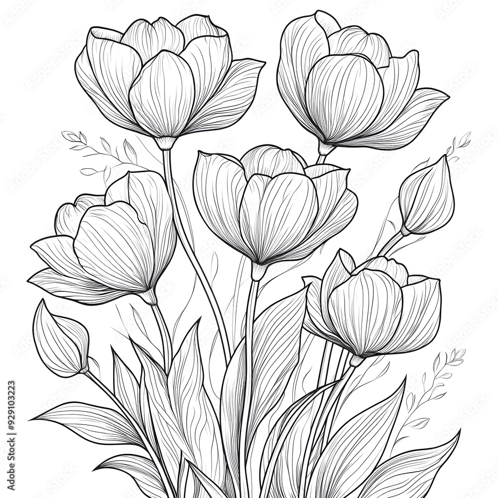 Black and white outline drawing of a Tulip flower with leaves. It is an easy coloring page suitable for children. Doodles pattern
Black and white outline drawing of a Tulip flower with leaves. It is an easy coloring page suitable for children. Doodles pattern