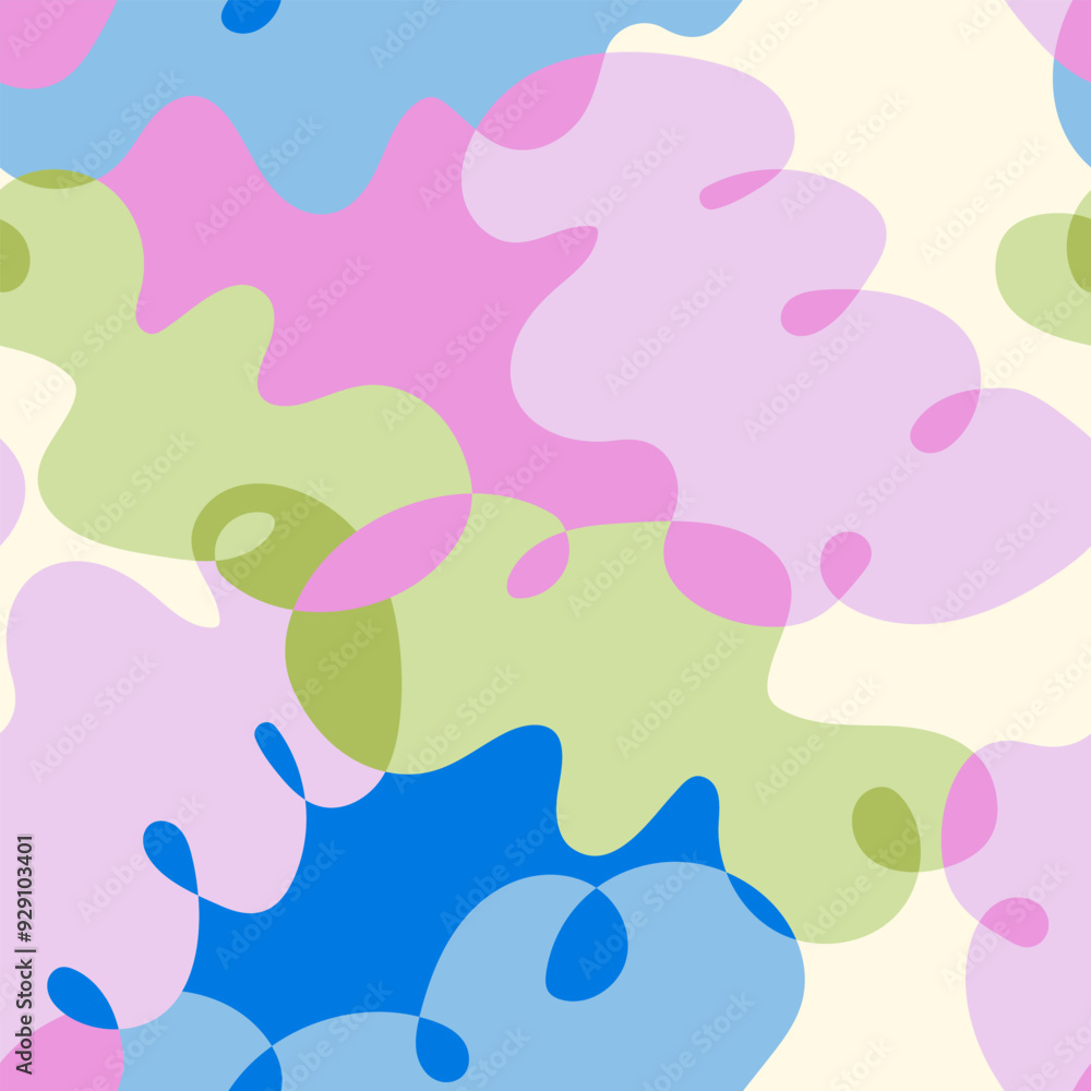 Abstract seamless pattern with various organic quirky shapes. Vector flat background in overlay style Abstract seamless pattern with various organic quirky shapes. Vector flat background in overlay style