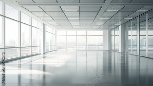 Modern Office Space: A clean, minimalist, and bright office interior with large windows overlooking a city skyline. The spacious, empty room offers a sense of possibility and potential, ideal for show