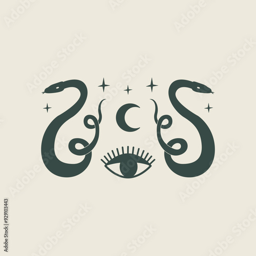 Mystical vector illustration of snakes silhouettes and symbols of eye and moon. Minimalist bohemian logo on isolated background