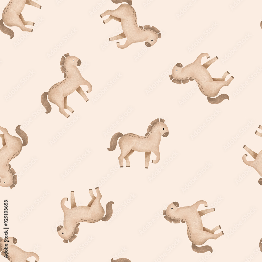 Obraz premium Seamless pattern with cartoon animal. Hand drawn illustration of beige brown cute horse on isolated background. Minimalist scandinavian repeat pattern. Even-toed ungulates. Rural farm animals.