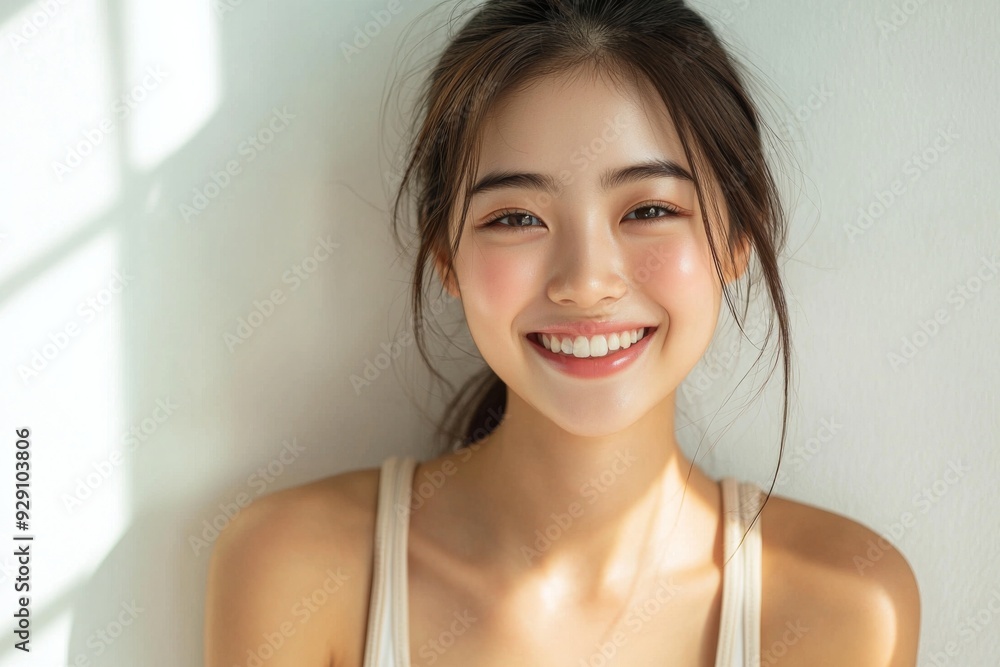 Beautiful young Asian woman smiling and happy created with Generative AI Beautiful young Asian woman smiling and happy created with Generative AI