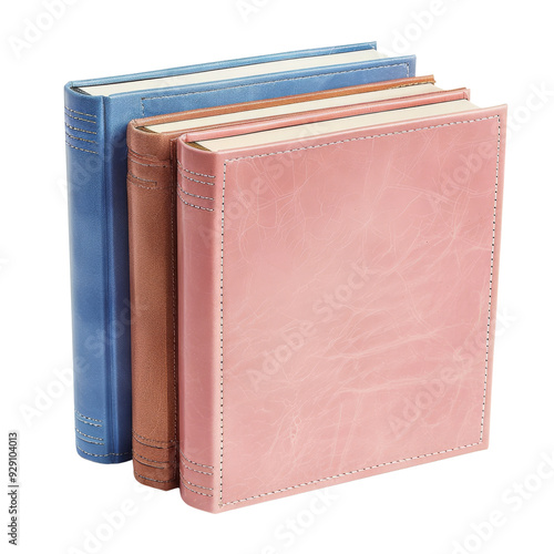 A collection of three elegant photo albums in pastel colors, isolated on white background, transparent background. photo